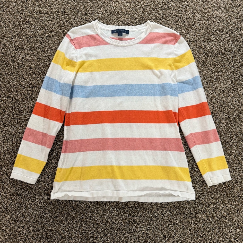 Tommy Hilfiger L Colorful Stripe Cotton Sweater Crewneck Logo Pullover Top Women